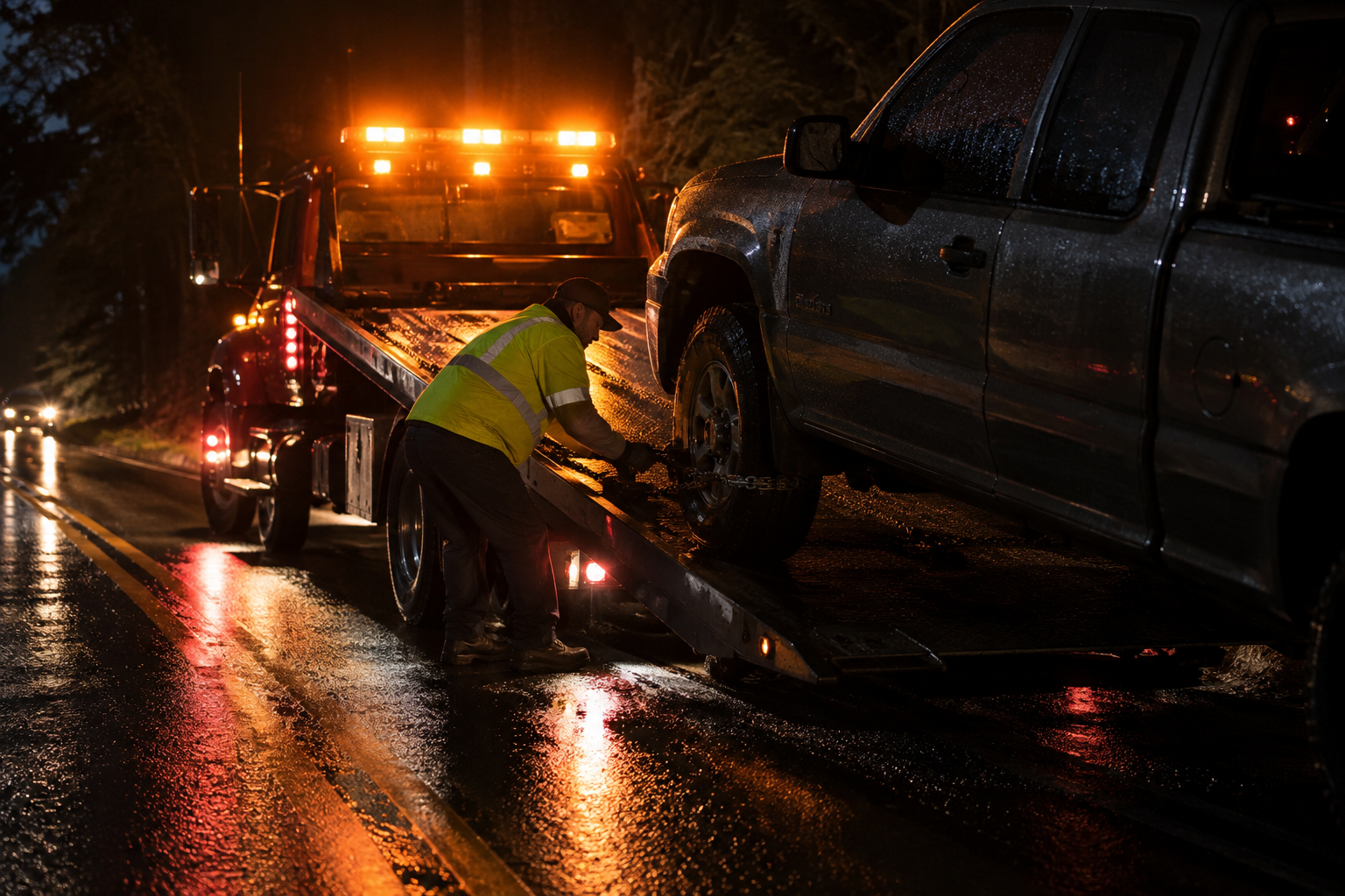 LeLu Towing operator securing a pickup truck on a flatbed at night